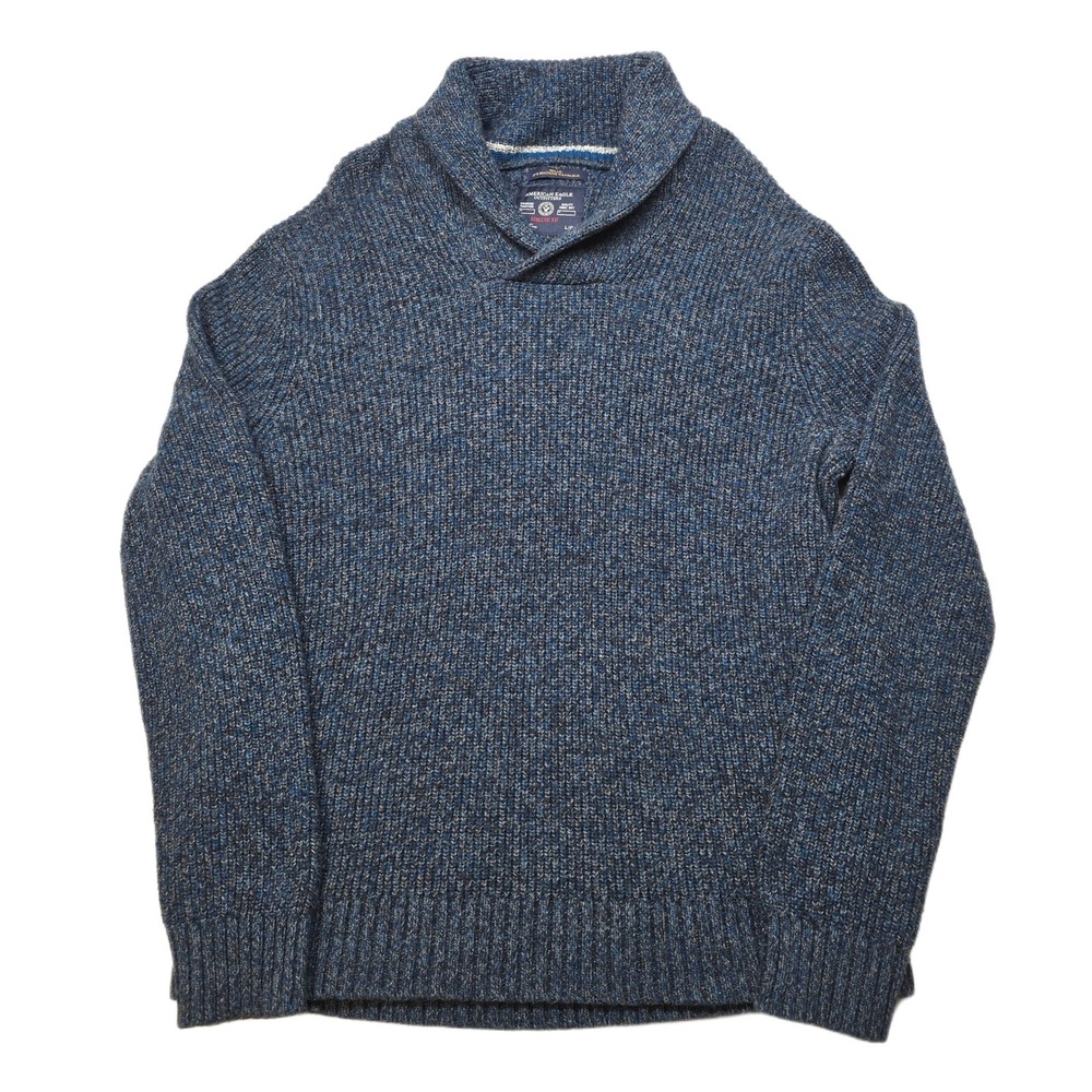 American Eagle Shawl Collar Sweater‎ Mens Large Blue Speckled Athletic Fit